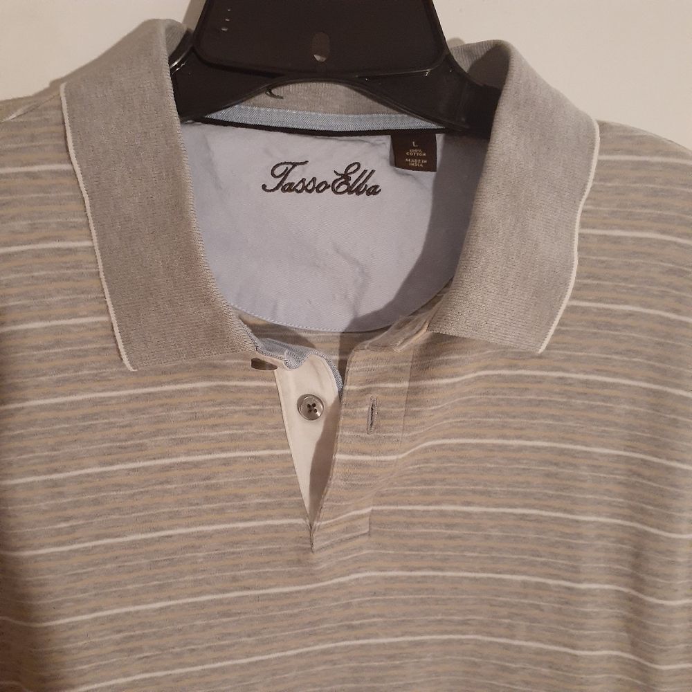 Tasso elba shirt mens l gray striped cotton polo golf top casual quiet luxury